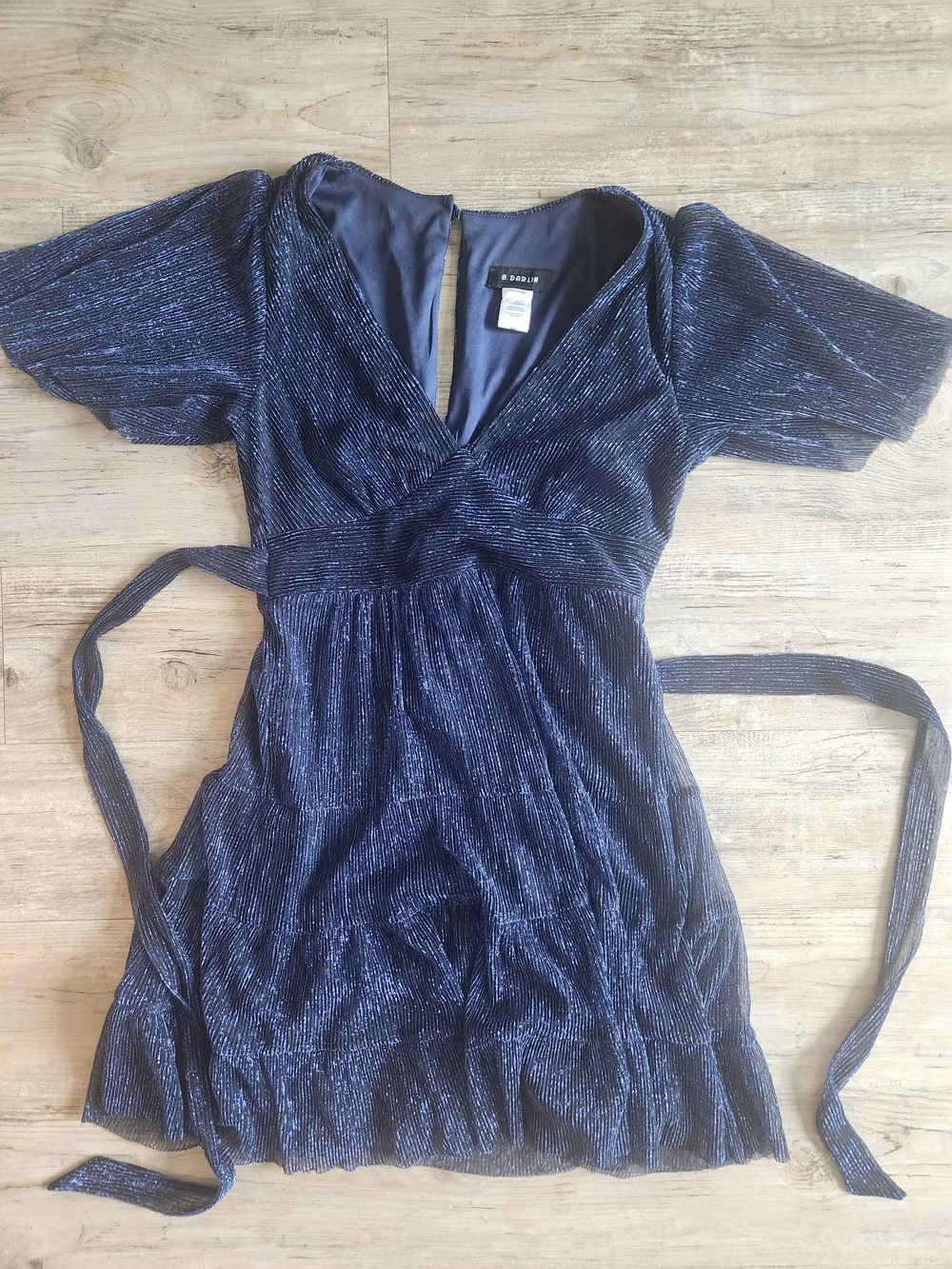 B Darlin Navy Metallic Flutter Sleeve Mini Dress